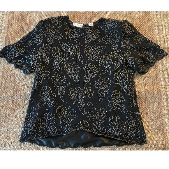 vintage SCALA BLACK silk and floral beaded short sleeve top - Picture 1 of 10